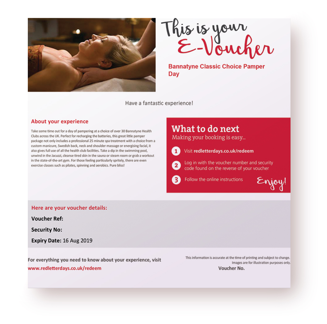 voucher days redeem letter red Bannatyne Group